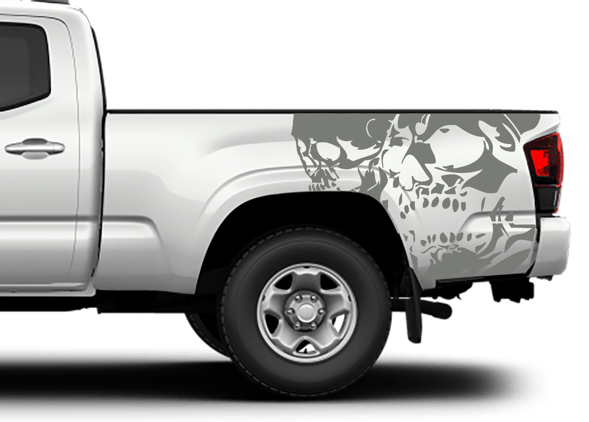 Double skull bed vinyl decals for toyota tacoma 2016 to 2023 models gray