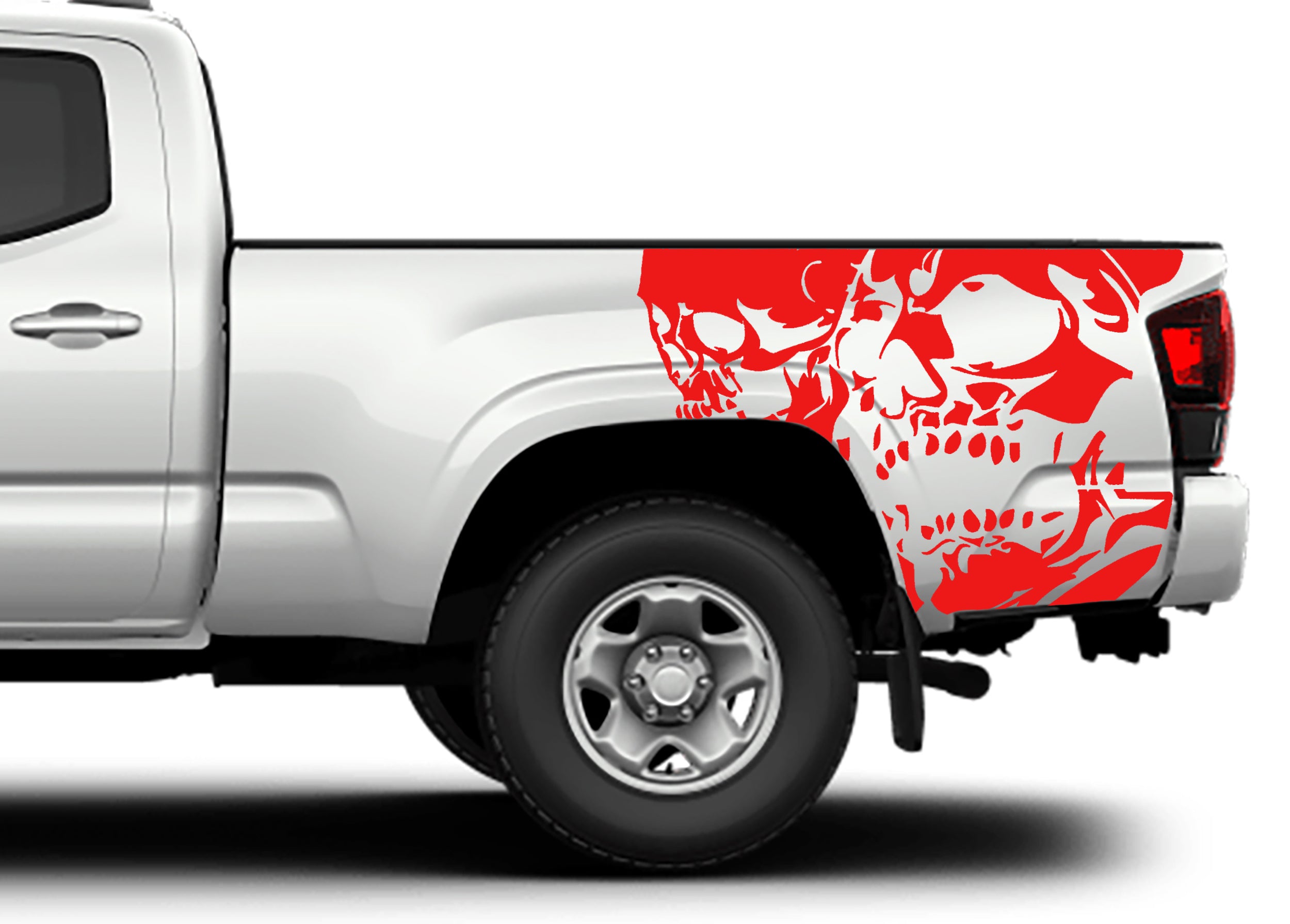 Double skull bed vinyl decals for toyota tacoma 2016 to 2023 models red