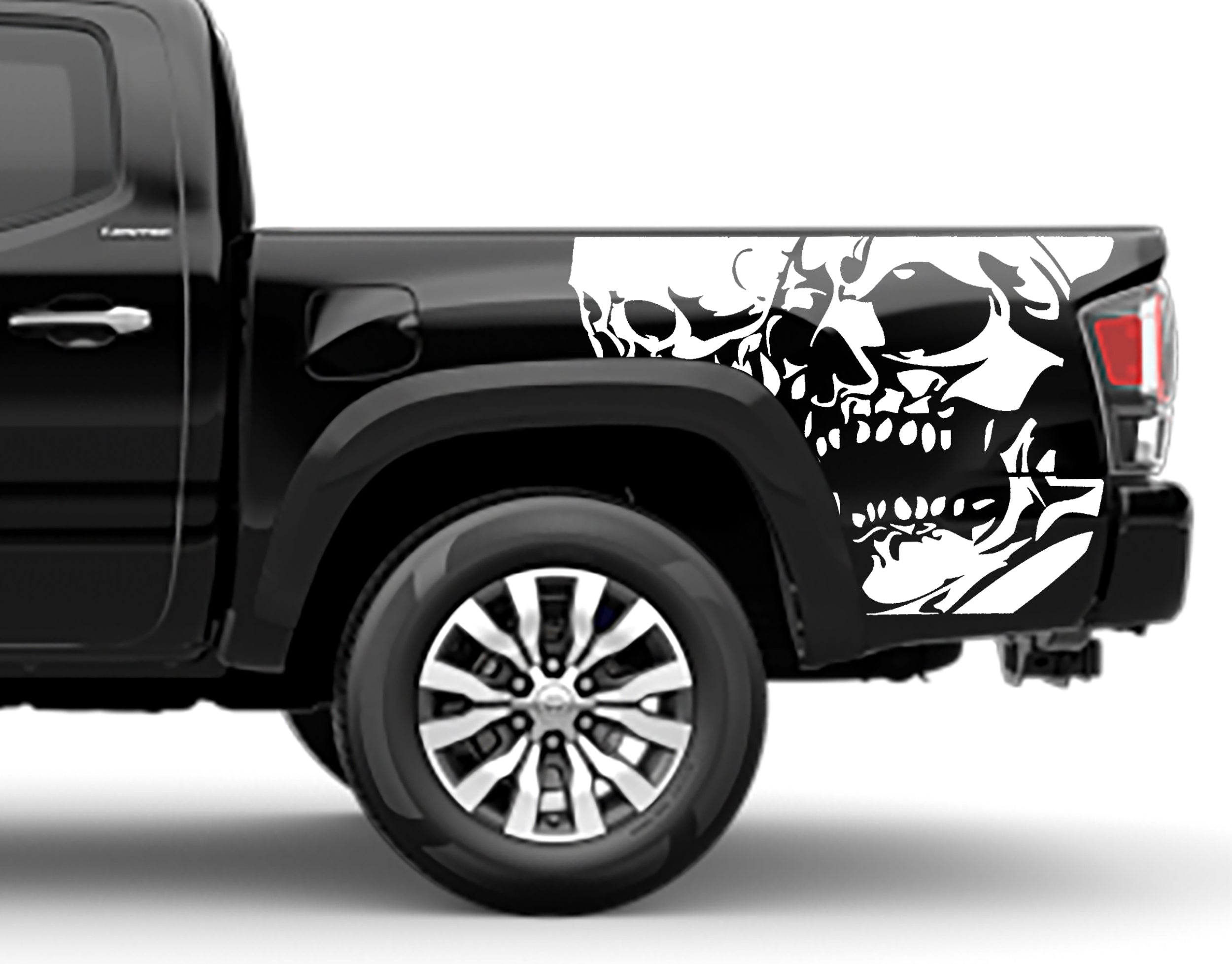 Double skull bed vinyl decals for toyota tacoma 2016 to 2023 models white