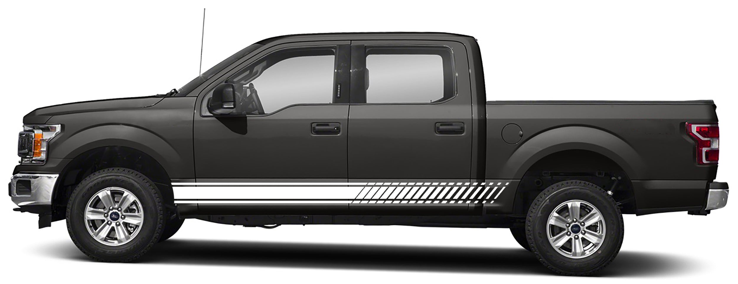 Long rocker panel stripe graphics for ford f 150 2015 to 2020 models white