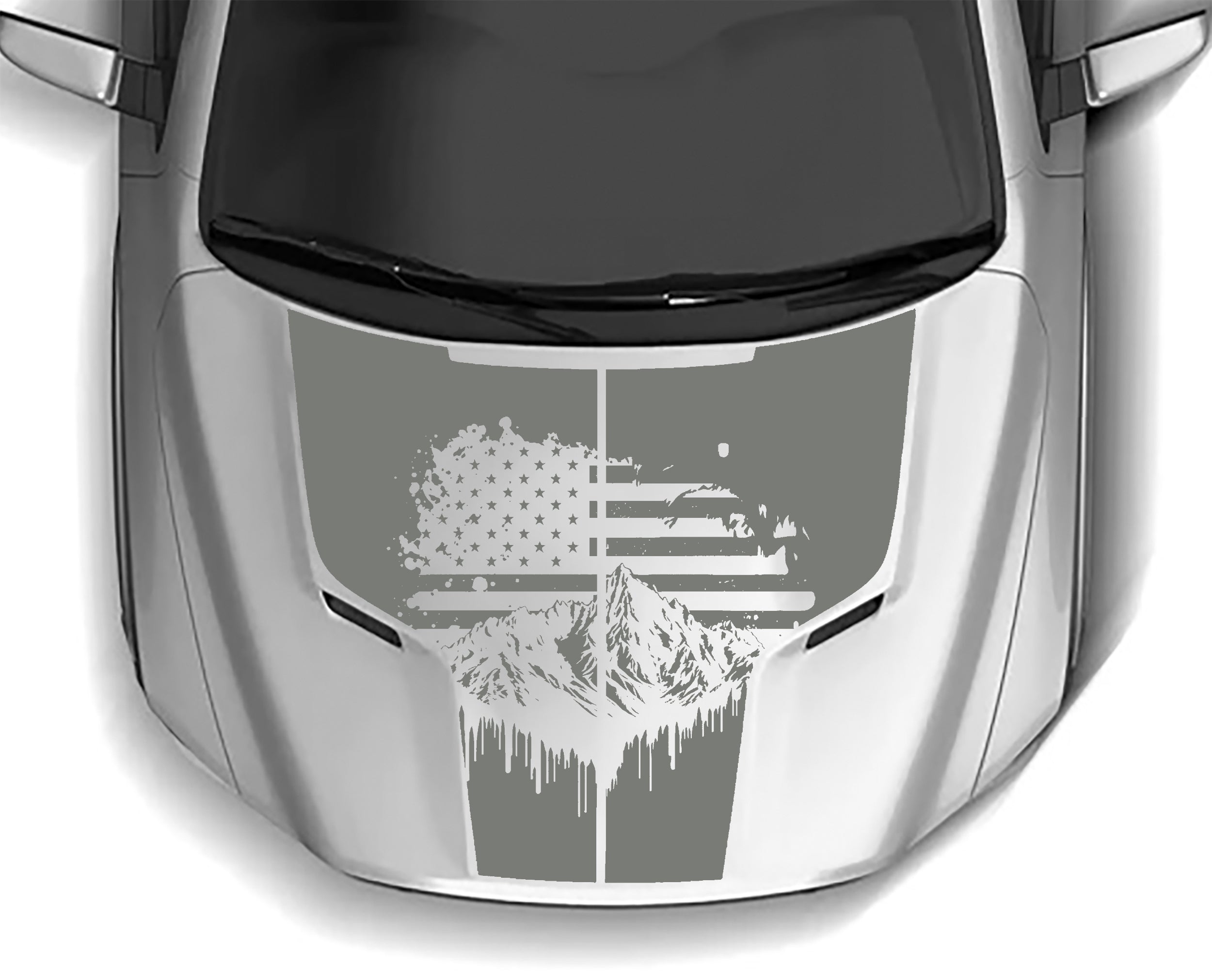 mountains and American flag hood graphics for dodge ram 1500 hemi 2009 to 2018 models gray