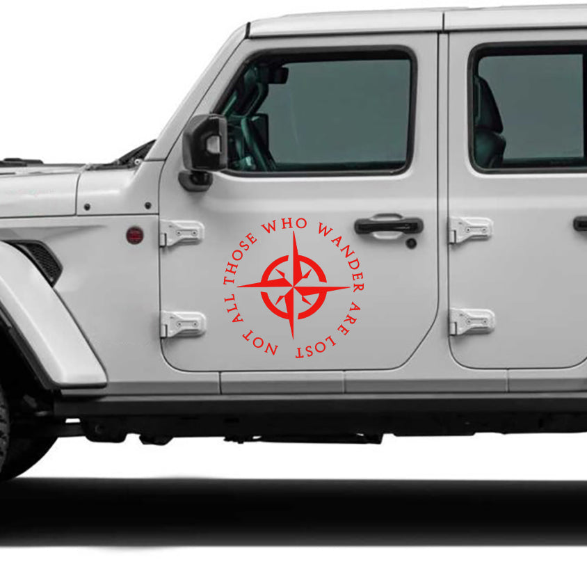 "Not All Those Who Wander Are Lost" Side Door decal for Jeep red