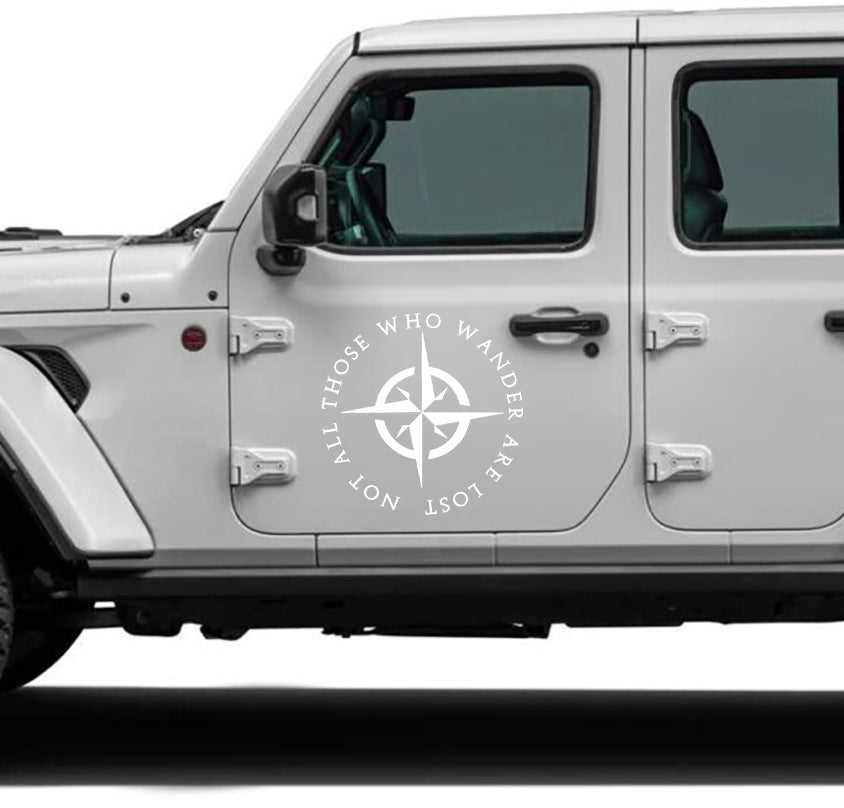 "Not All Those Who Wander Are Lost" Side Door decal for Jeep white