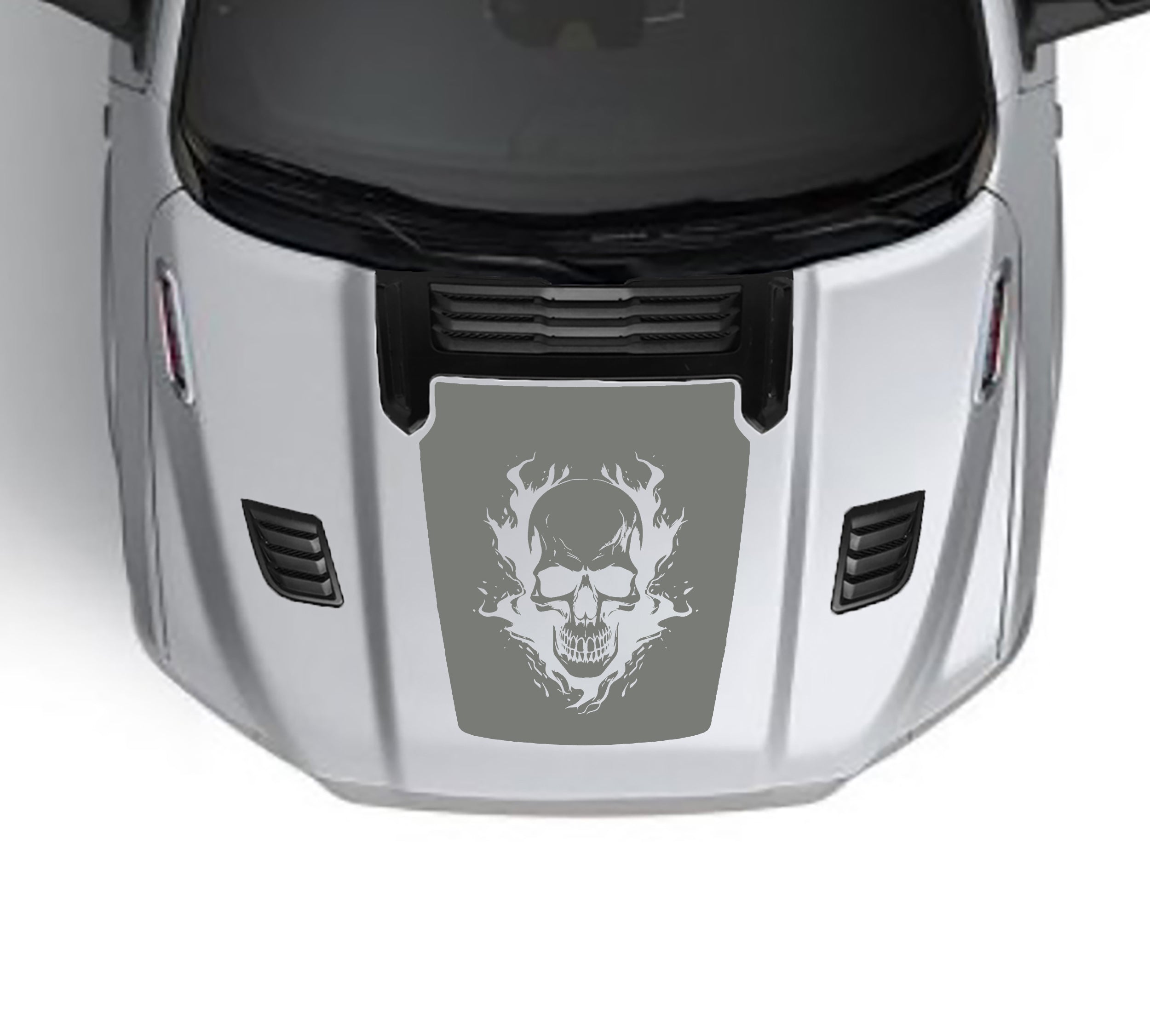 skull on fire performance hood graphics for dodge ram 1500 2019 to 2023 models gray