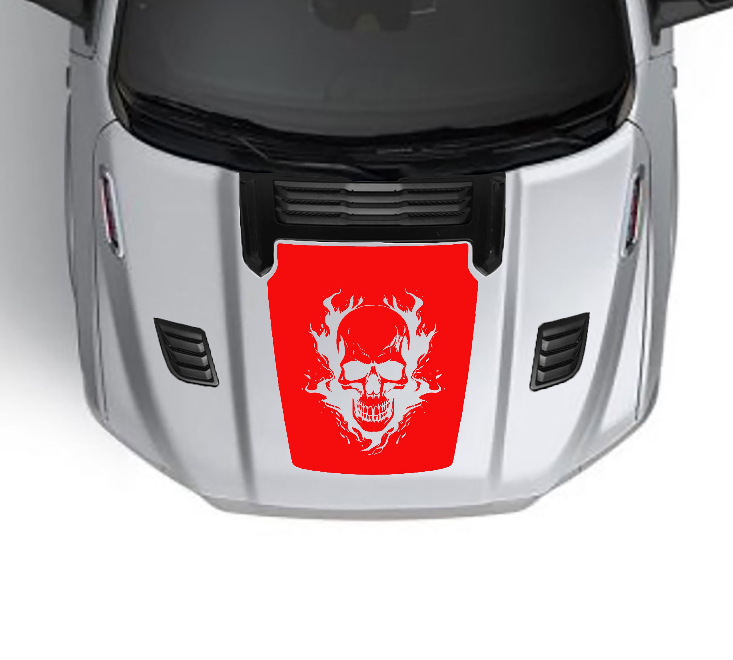 skull on fire performance hood graphics for dodge ram 1500 2019 to 2023 models red