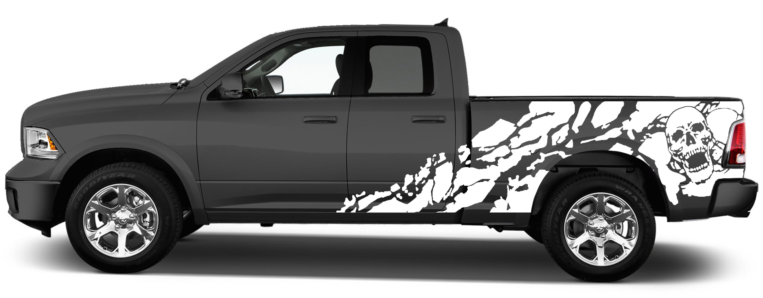 skull shredded side graphics for dodge ram 2008 to 2018 models white