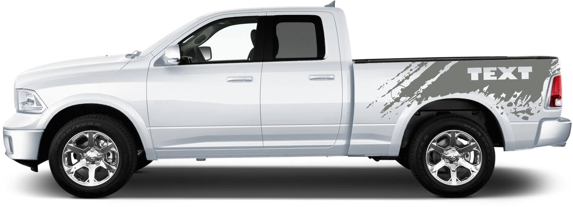 Dodge Ram 1500/2500/3500 (2009-2018) Custom Vinyl Decals, Graphics and Stickers - Bed Splash Custom Text (Pair) - Jkprostickers