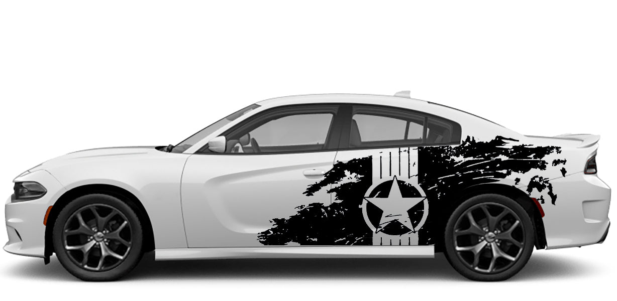 Dodge Charger Military Star Grunged Side Decals (Pair) : Vinyl Graphics Kit Fits (2015-2023)