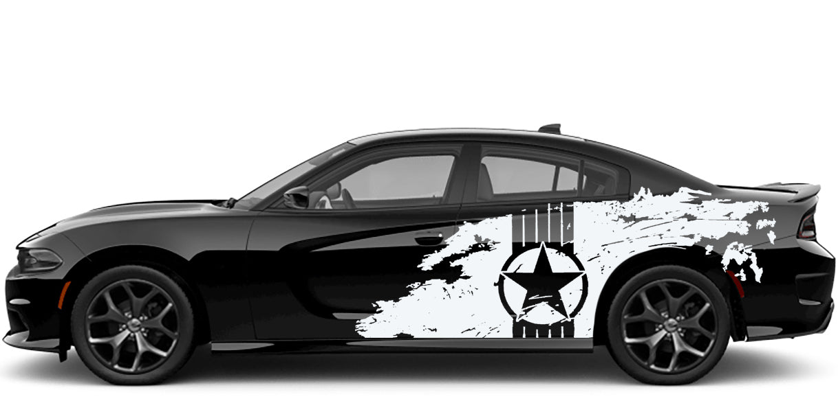 Dodge Charger Military Star Grunged Side Decals (Pair) : Vinyl Graphics Kit Fits (2015-2023)