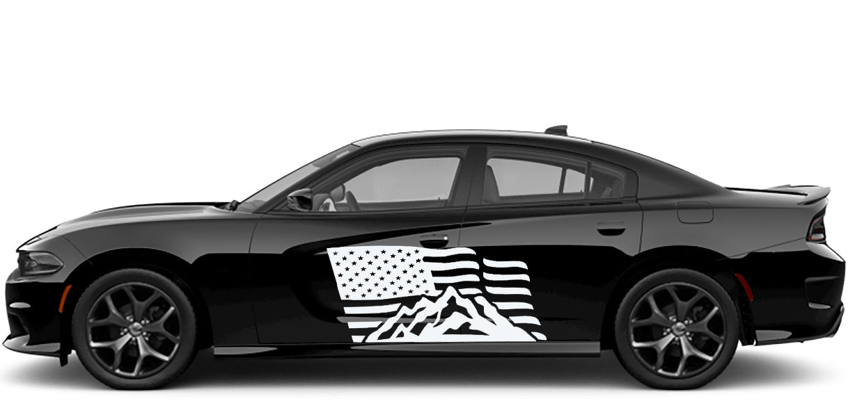 Dodge Charger US Flag Mountains Side Decals (Pair) : Vinyl Graphics Kit Fits (2015-2023)