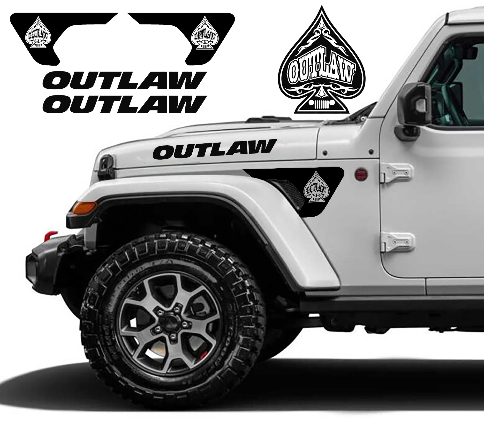 Outlaw fender and hood decal for jeep wrangler jl 2018 to 2023 models.