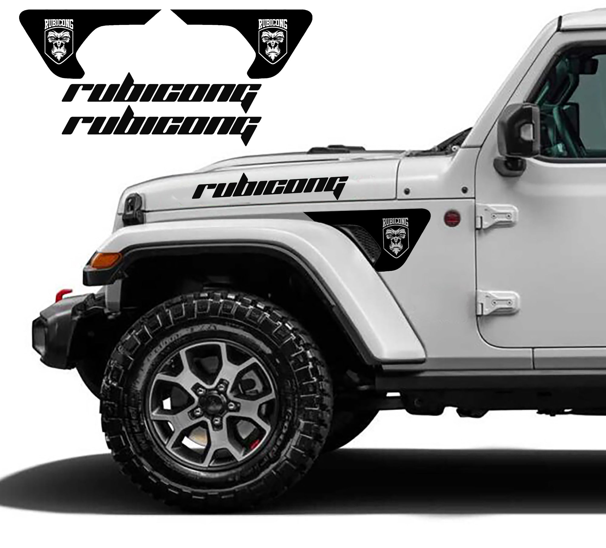 Rubicong Hood and fender decal kit for jeep wrangler jl 2018 to 2023 models.